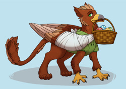 Size: 3000x2121 | Tagged: safe, artist:irhileth, oc, oc only, oc:pavlos, griffon, bandage, basket, beak, beak hold, blue background, broken bone, broken wing, cast, cheek fluff, claws, clothes, colored wings, commission, eared griffon, easter, easter egg, griffon oc, holiday, injured, male, mouth hold, non-pony oc, simple background, sling, solo, tail, wings