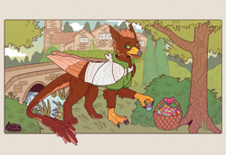 Size: 1598x1100 | Tagged: safe, artist:tokori, oc, oc only, oc:pavlos, griffon, bandage, basket, beak, bridge, broken bone, broken wing, cast, cheek fluff, claws, clothes, cloud, colored wings, commission, eared griffon, easter, easter egg, griffon oc, happy, holiday, injured, male, non-pony oc, river, sling, smiling, tail, tree, village, water, wings