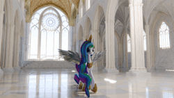 Size: 1920x1080 | Tagged: safe, artist:dieanondie, princess celestia, alicorn, g4, 3d, animated, blender, cathedral, concave belly, crown, female, hoof shoes, horn, indoors, jewelry, long horn, long mane, long tail, loop, mare, no sound, perfect loop, peytral, princess shoes, regalia, slender, solo, spread wings, tail, tall, thin, webm, wings