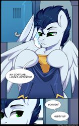 Size: 2550x4050 | Tagged: safe, artist:orhi_fw, soarin', pegasus, pony, comic:soarin's incident, g4, wonderbolts academy, chest fluff, clothes, comic, holding, male, offscreen character, solo, stallion, uniform, wonderbolts, wonderbolts uniform