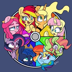 Size: 1884x1876 | Tagged: safe, artist:lou, applejack, fluttershy, pinkie pie, princess luna, rainbow dash, sunset shimmer, tree hugger, twilight sparkle, alicorn, earth pony, pegasus, pony, unicorn, g4, alicornified, color wheel, earth pony luna, female, fluttercorn, horn, mane six, mare, pegasus twilight sparkle, race swap, unicorn rainbow dash, wait what