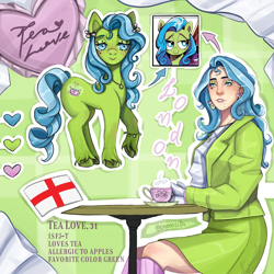 Size: 1500x1500 | Tagged: safe, artist:caosolita, tealove, earth pony, human, pony, g4, clothes, coat, cup, ear piercing, earring, eyeshadow, face tattoo, female, food, freckles, gloves, grin, heart, humanized, jewelry, makeup, mare, necklace, piercing, reference sheet, shirt, skirt, smiling, socks, solo, stockings, table, tattoo, tea, teacup, thigh highs, unshorn fetlocks