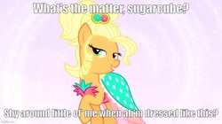 Size: 888x499 | Tagged: safe, edit, edited screencap, screencap, applejack, earth pony, pony, g4, simple ways, applejack also dresses in style, applejack is best facemaker, applejewel, caption, clothes, dress, female, flirting, gown, image macro, imgflip, mare, solo, sugarcube, talking to viewer, text