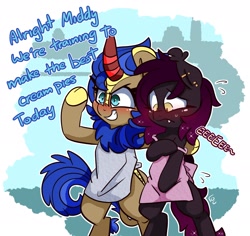 Size: 2448x2312 | Tagged: safe, artist:lou, oc, oc only, oc:cobalt flame, bat pony, kirin, pony, bat pony oc, bipedal, blushing, clothes, double entendre, duo, eeee, female, kirin oc, mare