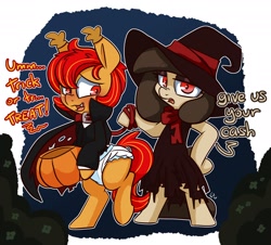 Size: 2352x2128 | Tagged: safe, artist:lou, oc, oc only, oc:louvely, pony, bag, bipedal, candy bag, cape, clothes, collar, costume, diaper, diaper fetish, duo, female, fetish, halloween, hat, high res, holiday, leash, male, mare, non-baby in diaper, pumpkin bucket, stallion, vampire costume, witch hat