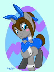 Size: 3072x4096 | Tagged: safe, artist:twiny dust, oc, oc only, oc:dust, pony, unicorn, animal costume, awkward smile, blushing, bowtie, bunny suit, clothes, costume, crossdressing, easter, easter egg, embarrassed, hair bun, hair ribbon, horn, playboy bunny, ribbon, smiling, solo, stockings, tail, tail bun, thigh highs, unicorn oc