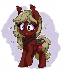 Size: 1872x2200 | Tagged: source needed, safe, artist:lou, oc, oc only, bat pony, pony, bat pony oc, cute, ear tufts, eeee, fangs, female, freckles, frown, mare, neckerchief, nervous, nose wrinkle, ocbetes, solo
