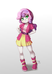 Size: 706x1000 | Tagged: safe, artist:the-park, sweetie belle, equestria girls, g4, clothes, cute, diasweetes, female, gradient background, hairband, hand on hip, looking at you, skirt, smiling, smiling at you, solo, standing, white background
