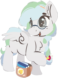 Size: 777x1043 | Tagged: safe, artist:rhythmpixel, oc, oc only, oc:river chime, pegasus, bag, bells, book, female, freckles, glasses, hair tie, lineless, simple background, solo, transparent background, younger