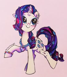 Size: 1783x2048 | Tagged: safe, artist:dariarchangel, rarity, crystal pony, pony, unicorn, g4, 3d cutie mark, bejeweled, bracelet, ear piercing, earring, female, friendship bracelet, gem, gemstones, horn, jewelry, mare, necklace, piercing, raised hoof, redesign, simple background, smiling, solo, standing on two hooves, traditional art