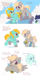 Size: 2048x3872 | Tagged: safe, artist:mirtash, derpy hooves, lightning dust, soarin', pegasus, pony, g4, parental glideance, alternate name, alternate universe, ask, blonde mane, blonde tail, blue coat, blue mane, blushing, bust, chest fluff, colt, colt soarin', comic, cute, daaaaaaaaaaaw, derpabetes, dialogue, duo, duo female, duo focus, ear fluff, emanata, eye clipping through hair, eyebrows, eyebrows visible through hair, eyelashes, female, filly, filly derpy, filly derpy hooves, filly lightning dust, foal, folded wings, friendshipping, gray coat, green eyes, high res, hooves together, leg fluff, long mane, looking at each other, looking at someone, looking away, male, medal, mlp art ask (ru), open mouth, open smile, profile, raised hoof, shadow, shy, shy smile, simple background, sky background, smiling, smiling at each other, spread wings, standing, starry eyes, tail, talking, teeth, text, trio, underp, weapons-grade cute, white background, wingding eyes, wings, yellow eyes, yellow mane, yellow tail, younger