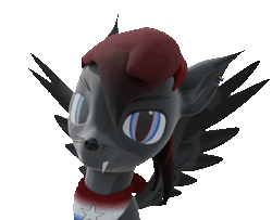 Size: 598x485 | Tagged: safe, artist:lithus, oc, oc only, oc:mikey, dog, fox, fox pony, hybrid, pony, 3d, 3d model, animated, bandana, blender, blender cycles, blinking, colored wings, ear piercing, fangs, floppy ears, gif, gradient mane, looking at you, multicolored mane, multicolored wings, narrowed eyes, piercing, red mane, simple background, smiling, solo, spread wings, sway, teeth, transparent background, whiskers, wings