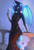 Size: 4119x6000 | Tagged: safe, artist:melkaya, oc, oc only, oc:nightwing, bat pony, anthro, absurd resolution, anthro oc, black dress, blue eyes, blue mane, blue wings, clothes, crossdressing, crotch bulge, dress, drink, eyeshadow, femboy, fishtail dress meme, flower, flower in hair, gold chains, lidded eyes, makeup, male, meme, owner:friesian, solo, sparkles, wings