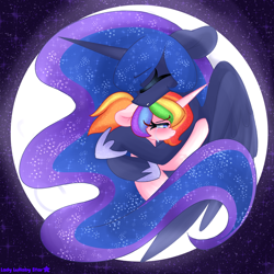 Size: 2000x2000 | Tagged: safe, artist:ladylullabystar, princess luna, oc, oc:lady lullaby star, alicorn, pony, unicorn, g4, comforting, crying, duo, duo female, ethereal mane, female, high res, hoof shoes, horn, hug, mare, moon, princess shoes, stars, wings