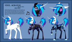 Size: 5155x3000 | Tagged: safe, artist:parrpitched, oc, oc:vinyl scratch(prisoners of the moon), bat pony, hybrid, pony, unicorn, g4, fireheart76's latex suit design, horn, hybrid oc, latex, latex suit, prisoners of the moon, reference sheet, rubber, rubber suit