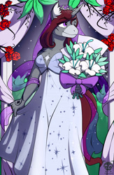 Size: 3000x4600 | Tagged: safe, artist:creed_zachary, oc, oc only, oc:selune darkeye, unicorn, anthro, bouquet, bouquet of flowers, bride, clothes, dress, ear fluff, flower, glitter, horn, jewelry, marriage, redhead, ring, rose, smiling, solo, stars, tail, unicorn oc, veil, wedding, wedding arch, wedding dress, wedding ring, wedding veil