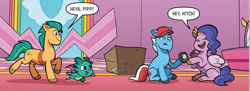 Size: 1569x570 | Tagged: safe, idw, official comic, hitch trailblazer, pipp petals, sparky sparkeroni, earth pony, pegasus, pony, g5, my little pony: mane event, spoiler:comic, spoiler:g5comic, comic, female, male, mare, stallion, unnamed character, unnamed pony