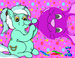 Size: 2450x1900 | Tagged: safe, artist:puffydearlysmith, lyra heartstrings, pony, unicorn, g4, alternate hairstyle, balloon, belly button, blowing up balloons, chubby, easter, female, holiday, horn, inflating, mare, ponytail, rabbit balloon