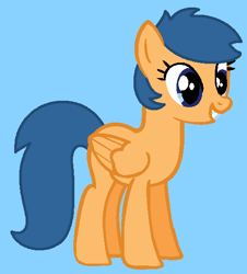 Size: 501x555 | Tagged: safe, artist:frozengembases, artist:maddiewondermanforever36, first base, pegasus, pony, g4, adorabase, adult blank flank, alternate universe, background pony, base used, blank flank, blue background, cute, cyan background, female, folded wings, grin, mare, older, older first base, pegasus first base, race swap, simple background, smiling, solo, wings