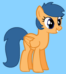 Size: 501x555 | Tagged: safe, artist:frozengembases, artist:maddiewondermanforever36, first base, pegasus, pony, g4, adorabase, adult blank flank, alternate universe, background pony, base used, blank flank, blue background, cute, cyan background, female, folded wings, grin, mare, older, older first base, pegasus first base, race swap, rule 63, simple background, smiling, solo, wings