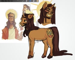 Size: 1403x1120 | Tagged: safe, artist:sp1d3rb33, human, pony, unicorn, beard, blush sticker, blushing, colored hooves, facial hair, grin, halo, horn, jesus christ, long hair, long mane male, male, ponified, procreate app, rule 85, smiling, solo, stallion, standing