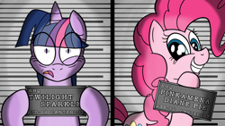 Size: 2000x1128 | Tagged: safe, artist:thatcreepybird, pinkie pie, twilight sparkle, earth pony, pony, g4, barbie mugshot meme, duo, female, meme, mugshot