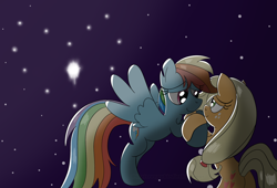 Size: 2200x1500 | Tagged: safe, artist:thatcreepybird, applejack, rainbow dash, earth pony, pegasus, pony, g4, duo, female, flying, holding hooves, lesbian, night, ship:appledash, shipping, wingding eyes, wings