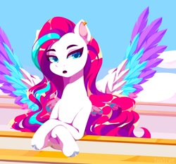 Size: 1306x1224 | Tagged: safe, artist:teallet, zipp storm, pegasus, pony, g5, alternate hairstyle, colored wings, ear piercing, earring, female, jewelry, long hair, long mane, long mane zipp, mare, multicolored wings, piercing, solo, wings