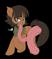 Size: 4000x4500 | Tagged: safe, artist:tonguetiedpony, oc, oc only, oc:zahra, pony, black background, clothes, colored, female, flat colors, impossibly long tongue, large tongue, long tongue, looking at you, mare, prehensile tongue, scarf, simple background, solo, tongue out, tongue play, wip