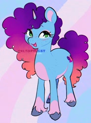 Size: 1488x2006 | Tagged: safe, artist:nyctophilist, derpibooru exclusive, misty brightdawn, unicorn, g5, afro mane, blue coat, blushing, cornrows, ears up, eyelashes, fluffy mane, freckles, gradient mane, green eyes, happy, horn, purple mane, rebirth misty, smiling, solo, standing