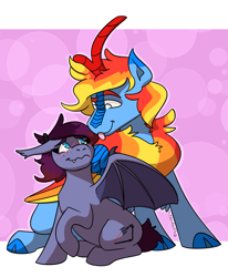 Size: 1615x1961 | Tagged: safe, alternate version, artist:hiddenfaithy, oc, oc only, oc:icarus fyrewing, oc:xebec, bat pony, kirin, pony, winged kirin, :p, blushing, commission, simple background, sitting, tongue out