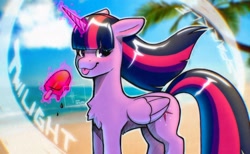 Size: 2048x1264 | Tagged: safe, artist:itxi_izalith, twilight sparkle, alicorn, pony, g4, beach, chest fluff, female, food, glowing, glowing horn, horn, ocean, popsicle, solo, twilight sparkle (alicorn), water