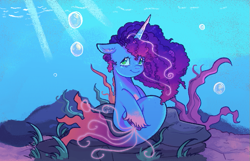 Size: 763x492 | Tagged: safe, artist:kreeeeeez, misty brightdawn, seapony (g4), unicorn, g5, my little pony: set your sail, bubble, coral, crepuscular rays, curly mane, cute, digital art, female, fish tail, floppy ears, flowing mane, flowing tail, freckles, green eyes, horn, looking at you, mare, ocean, rebirth misty, reef, rock, scales, seaponified, seapony misty brightdawn, seaweed, sitting, smiling, smiling at you, solo, species swap, sunlight, tail, underwater, unshorn fetlocks, water