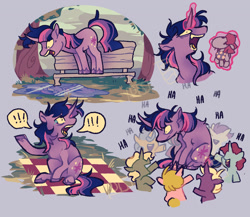 Size: 1500x1300 | Tagged: safe, artist:disaterror, smarty pants, twilight sparkle, pony, unicorn, g4, lesson zero, alternate hairstyle, back fluff, bags under eyes, bench, colored hooves, crying, exclamation point, fangs, female, foal, glowing, glowing horn, group, horn, hunched over, laughing, long mane, long tail, magic, mare, messy mane, messy tail, multicolored mane, multicolored tail, open mouth, plushie, profile, purple background, purple coat, raised hoof, reflection, shrunken pupils, simple background, sitting, solo focus, speech bubble, standing, straight mane, straight tail, tail, teeth, telekinesis, twilight snapple, unicorn twilight, unshorn fetlocks, watermark, yelling
