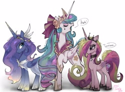 Size: 2048x1504 | Tagged: safe, artist:petaltwinkle, princess cadance, princess celestia, princess luna, alicorn, pony, g4, alicorn triarchy, alternate color palette, alternate hair color, alternate hairstyle, alternate universe, bags under eyes, big horn, blue coat, blue eyes, bow, cadance is not amused, choker, clothes, colored wings, colored wingtips, dialogue, dress, emo, emolestia, ethereal mane, eye clipping through hair, eyebrows, eyebrows visible through hair, eyes closed, eyeshadow, female, flower, folded wings, frown, gradient horn, gradient legs, gradient mane, hair bow, headpiece, heart choker, height difference, hoof shoes, horn, jewelry, lidded eyes, long horn, long mane, long tail, looking at someone, looking back, makeup, mare, multicolored mane, multicolored tail, open mouth, pink coat, pink eyes, princess shoes, raised hoof, regalia, ringlets, role reversal, shadow, signature, simple background, slender, sparkly mane, speech bubble, standing, starry mane, tail, talking, tall, thin, two toned wings, unamused, wall of tags, wavy mane, white background, white coat, wingding eyes, wings