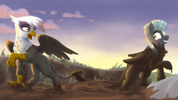 Size: 5907x3326 | Tagged: safe, artist:pzkratzer, gilda, thunderlane, griffon, pegasus, pony, g4, accidentally mud bath, cloud, cloudy, concave belly, crash, dirty, duo, embarrassed, female, gildalane, looking at each other, looking at someone, male, messy, mud, mud bath, muddy, muddy hooves, open mouth, ravine, shipping, slender, spread wings, stallion, stars, straight, sunset, swamp, thin, wings