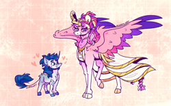 Size: 1280x792 | Tagged: safe, artist:kinda-lost, princess cadance, shining armor, alicorn, classical unicorn, pony, unicorn, g4, clothes, cloven hooves, colored hooves, crooked horn, curved horn, dress, eye clipping through hair, eyebrows, eyebrows visible through hair, female, floating heart, heart, height difference, horn, jagged horn, leonine tail, male, mare, meme, missing cutie mark, ship:shiningcadance, shipping, spread wings, stallion, straight, the bride and the ugly ass groom, unshorn fetlocks, wedding dress, wings