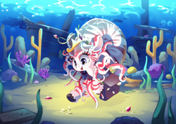 Size: 7016x4961 | Tagged: safe, artist:cutepencilcase, oc, oc only, oc:nautila, fish, nautilus, nautilus pony, original species, absurd resolution, bag, blue eyes, bubble, coin, commission, coral, crepuscular rays, crown, cute, digital art, eyelashes, female, gem, glowing, gold, happy, jewelry, mare, necklace, ocean, open mouth, open smile, pearl necklace, reef, regalia, rock, scales, seashell, seaweed, shipwreck, smiling, solo, sunlight, swimming, treasure, underwater, unshorn fetlocks, water, wingding eyes