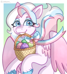 Size: 1222x1350 | Tagged: safe, artist:_rarerayy_, star catcher, pegasus, g3, digital art, easter, easter egg, female, happy, holiday, mare, pride, pride flag, solo, trans day of visibility, transgender pride flag