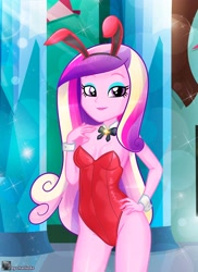 Size: 2980x4096 | Tagged: safe, artist:charliexe, dean cadance, princess cadance, human, equestria girls, g4, 2d, beautiful, beautiful eyes, beautiful hair, blue eyeshadow, bowtie, breasts, bunny ears, bunny suit, cleavage, clothes, crystal empire, cute, cutedance, easter, eyeshadow, female, holiday, indoors, leotard, lipstick, makeup, pink lipstick, reasonably sized breasts, red leotard, shiny, shiny eyes, shiny hair, solo, woman