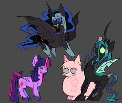 Size: 1310x1108 | Tagged: safe, artist:ponykip, nightmare moon, queen chrysalis, twilight sparkle, oc, oc:fluffle puff, alicorn, changeling, changeling queen, earth pony, pony, g4, alternate hairstyle, bags under eyes, big eyes, black coat, blue eyes, blue sclera, canon x oc, carapace, colored hooves, colored sclera, double date, ethereal mane, fangs, female, flying, folded wings, frown, gray background, green sclera, group, height difference, helmet, hoof shoes, horn, insect wings, lesbian, long horn, long tongue, looking at someone, looking up, mare, multicolored mane, multicolored tail, narrowed eyes, pink coat, pink mane, ponytail, princess shoes, purple coat, purple sclera, quartet, sharp teeth, ship:chrysipuff, ship:twimoon, shipping, simple background, sparkly mane, spread wings, standing, straight mane, straight tail, tail, teal mane, teal tail, teeth, tied mane, tongue out, twilight sparkle (alicorn), twilight sparkle is not amused, two toned mane, unamused, unicorn horn, unshorn fetlocks, wings
