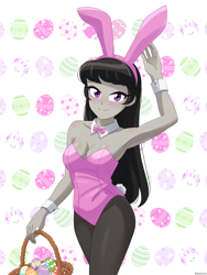 Size: 900x1200 | Tagged: safe, artist:riouku, octavia melody, human, equestria girls, g4, 2d, armpits, basket, blushing, bowtie, breasts, bunny ears, bunny suit, cleavage, clothes, cute, easter, easter basket, easter bunny, easter egg, female, fishnet stockings, holiday, leotard, looking at you, pantyhose, pink leotard, reasonably sized breasts, smiling, smiling at you, solo, tavibetes