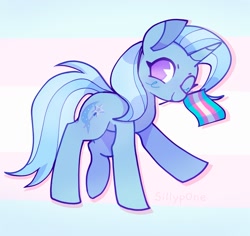 Size: 1507x1422 | Tagged: safe, artist:sillyp0ne, trixie, pony, unicorn, g4, big ears, blue coat, blue mane, blue tail, blush scribble, blushing, colored pinnae, eyelashes, female, flag background, holding flag, horn, long mane, long tail, looking at you, looking back, mare, mouth hold, no pupils, one eye closed, outline, pride, pride background, pride flag, purple eyes, raised hoof, signature, smiling, smiling at you, solo, standing, tail, trans female, trans trixie, transgender, transgender pride flag, two toned mane, two toned tail, unicorn horn, wingding eyes, wink, winking at you