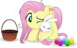 Size: 6780x4271 | Tagged: safe, artist:anime-equestria, angel bunny, fluttershy, pegasus, pony, g4, basket, cute, easter, easter egg, female, male, mare, shyabetes, simple background, smiling, transparent background, vector