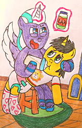 Size: 2256x3512 | Tagged: safe, artist:bitter sweetness, opaline arcana, oc, oc only, oc:bitter sweetness, alicorn, pony, unicorn, my little pony: a new generation, my little pony: make your mark, my little pony: tell your tale, abdl, adult foal, armchair, baby bottle, chair, clothes, diaper, diaper fetish, fetish, food, glowing, glowing horn, horn, laxative, levitation, magic, non-baby in diaper, open mouth, open smile, rug, smiling, socks, telekinesis, traditional art, unicorn oc, wooden floor