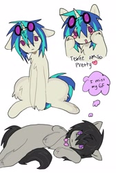 Size: 1376x2048 | Tagged: safe, artist:poniesinmyhead, dj pon-3, octavia melody, vinyl scratch, earth pony, pony, unicorn, g4, alternate hairstyle, blush scribble, blush sticker, blushing, bowtie, bust, dialogue, duo, eyebrows, eyebrows visible through hair, female, floppy ears, fluffy, glasses, heart, horn, lesbian, lying down, mare, open mouth, open smile, sad, ship:scratchtavia, shipping, simple background, sitting, smiling, talking, text, thinking, thought bubble, unshorn fetlocks, vinyl's glasses, white background