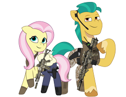 Size: 2948x2289 | Tagged: safe, artist:edy_january, artist:prixy05, edit, vector edit, fluttershy, hitch trailblazer, earth pony, pegasus, pony, g4, g5, my little pony: tell your tale, armor, assault rifle, body armor, boots, call of duty, call of duty: warzone, clothes, combat knife, denim, duo, equipment, female, g4 to g5, gears, generation leap, gloves, gun, handgun, hitch and his 2nd heroine, hk416, jeans, knife, m1911, m27, male, mare, military, military pony, military uniform, pants, pistol, radio, ragning bull (revolver), revolver, rifle, shirt, shoes, simple background, soldier, soldier pony, special forces, stallion, tactical squad, tactical vest, tank top, transparent background, uniform, united states, vector, vest, weapon, xm7