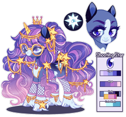 Size: 1208x1118 | Tagged: safe, artist:lonecrystalcat, oc, oc only, oc:shooting star (lonecrystalcat), pony, unicorn, bracelet, commission, crown, female, fishnet stockings, glasses, horn, jewelry, mare, regalia, simple background, solo, transparent background, unicorn oc, unshorn fetlocks, ych example, your character here