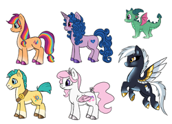 Size: 3580x2588 | Tagged: safe, artist:champion-of-namira, hitch trailblazer, izzy moonbow, pipp petals, sparky sparkeroni, sunny starscout, zipp storm, pony, g5, alternate design, description is relevant, long description, mane five, redesign, simple background, white background