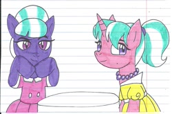 Size: 1203x794 | Tagged: safe, artist:cmara, stepford ponies, oc, oc:strawberry kiss, oc:sweeten blackberry, earth pony, unicorn, g4, female, horn, lined paper